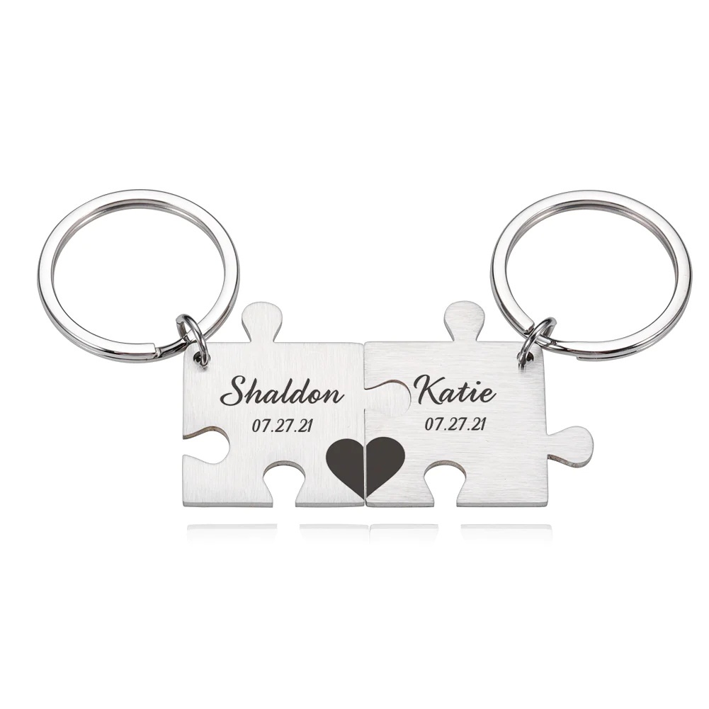 Puzzle Keychain Set Personalized 2 Names & Date Interlocking Keychain for Couple
