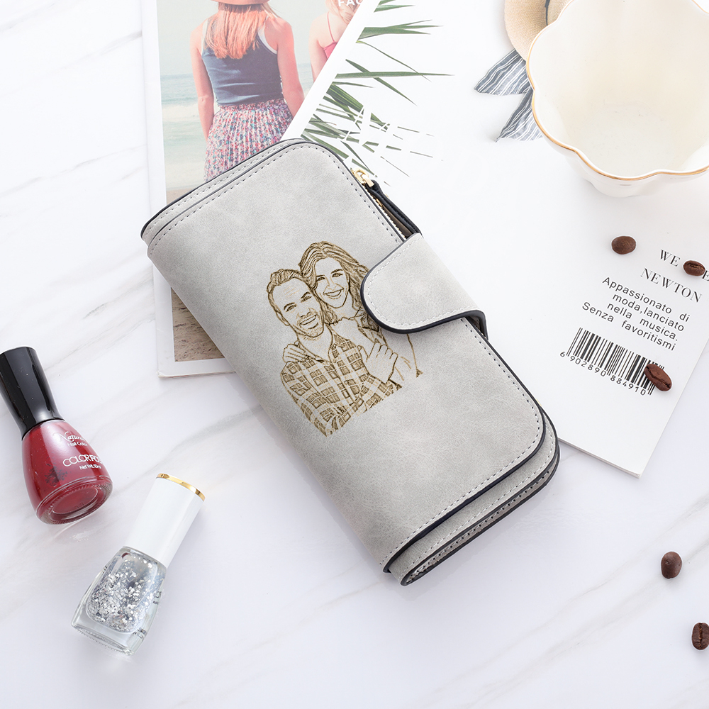 Long Style Photo Wallets Custom Inscription Photo Engraved Wallet Grey