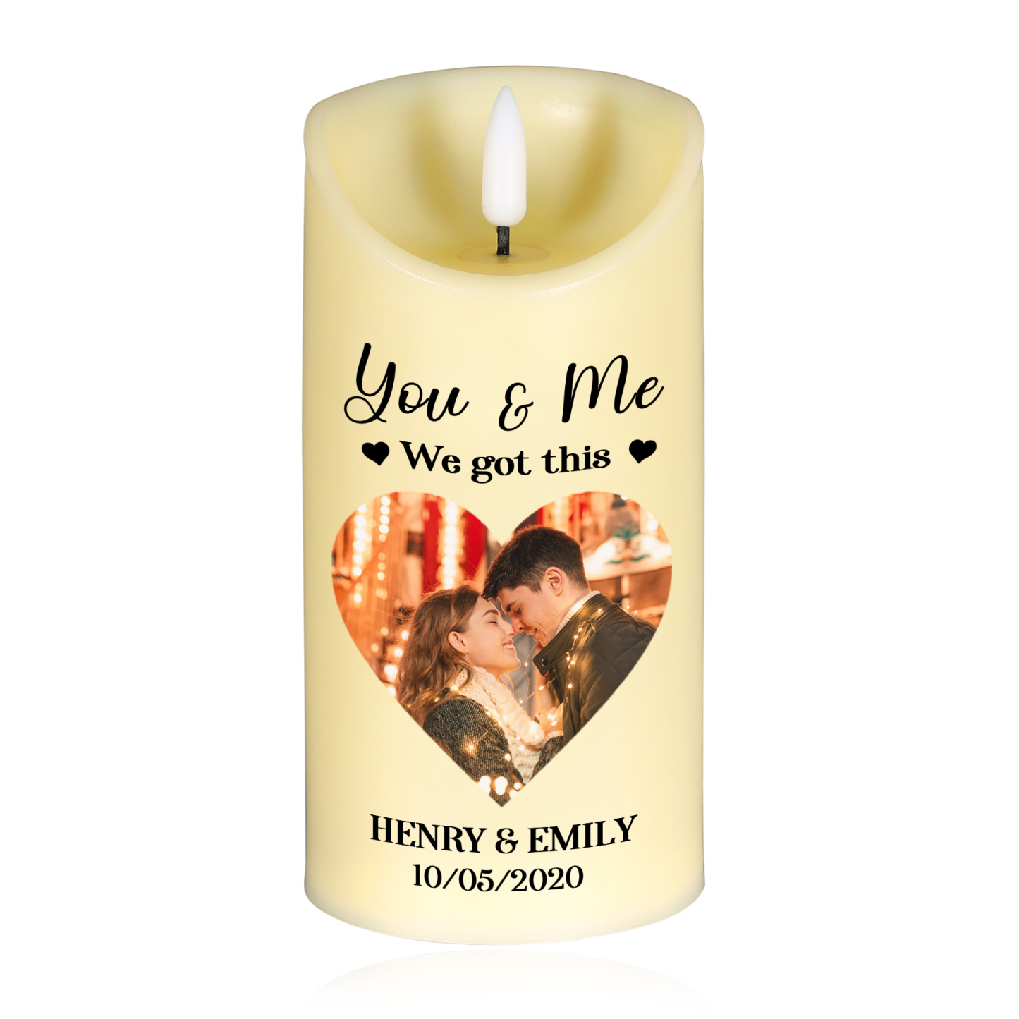 Personalised Flameless LED Candle With Custom Photo & Couple Names & Date - You & Me We Got This