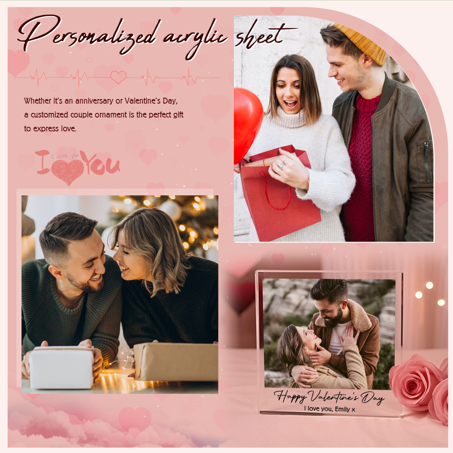 Personalised Acrylic Ornament – Custom 1 Photo & 2 Text “Happy Valentine’s Day” Design