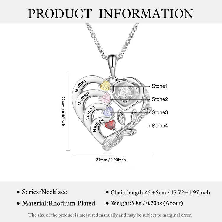 Mother's Day Gift Personalized Rose Heart Necklace with Birthstones and Names