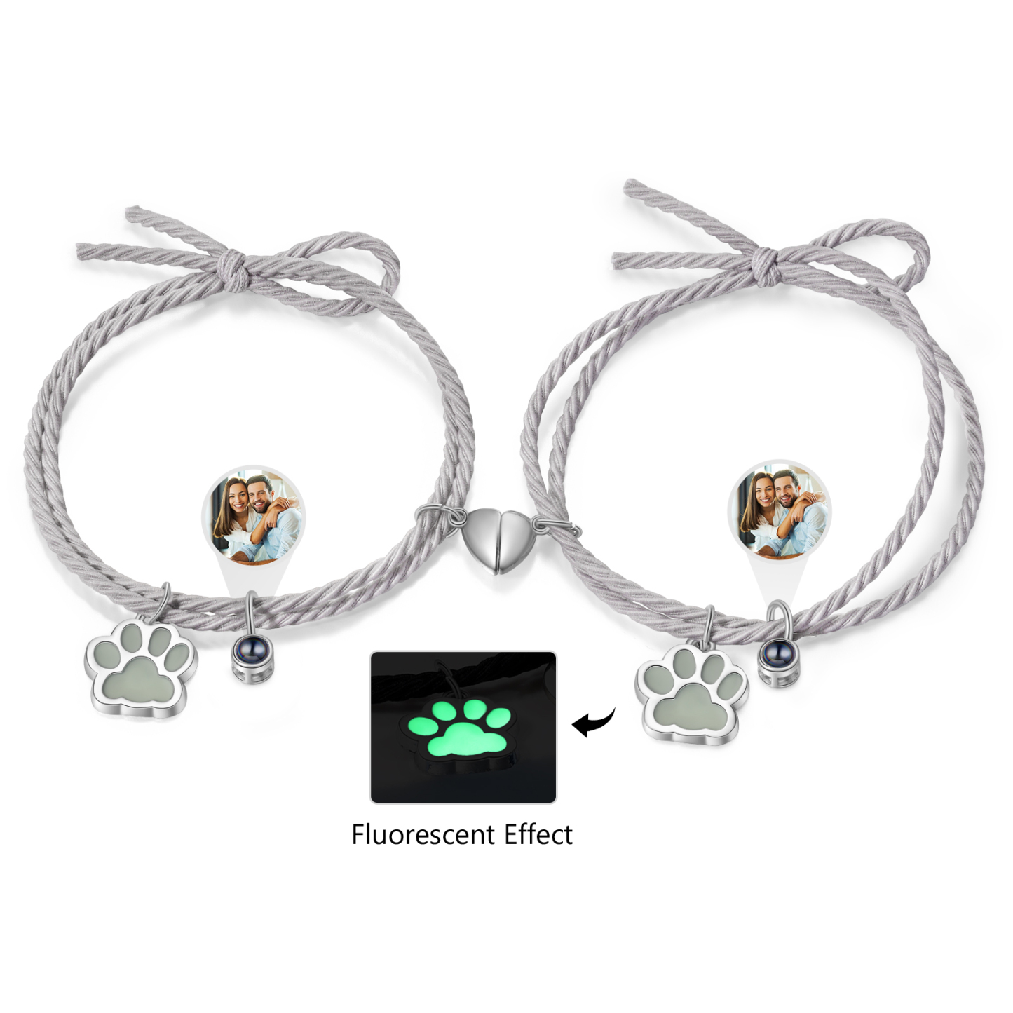 Personalized Photo Projection Bracelet Set Dog Paw Fluorescent Magnetic Bracelet Matching Gifts For Couples/Friends