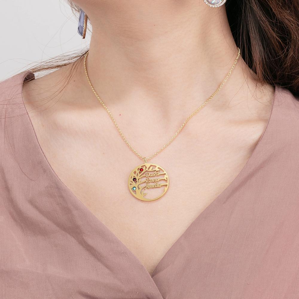 Family Tree Name Necklace with 3 Birthstones Custom 3 Names Personalized Tree Of Life Pendant