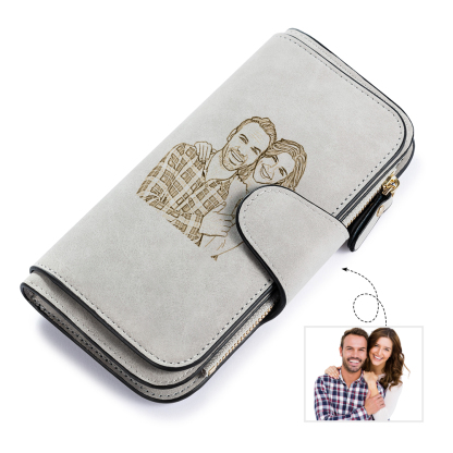 Long Style Photo Wallets Custom Inscription Photo Engraved Wallet Grey
