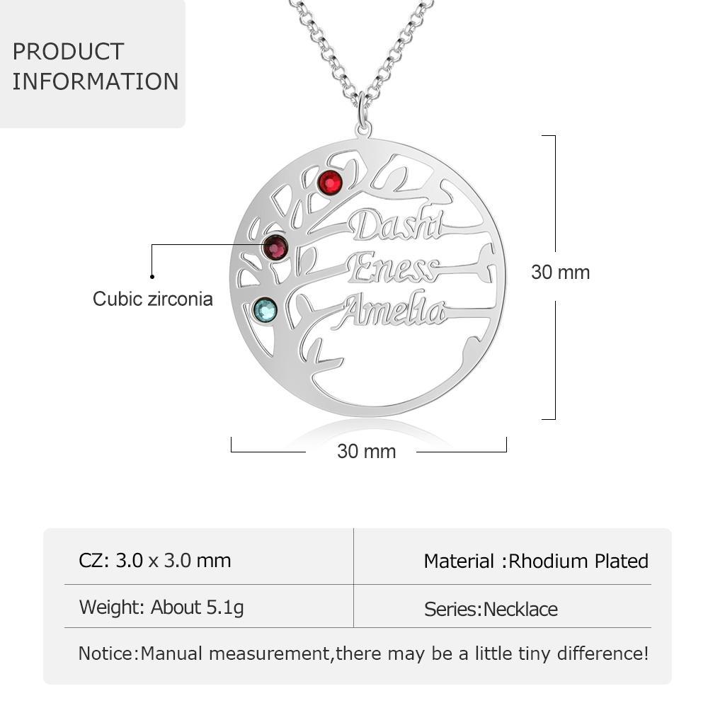Family Tree Name Necklace with 3 Birthstones Custom 3 Names Personalized Tree Of Life Pendant