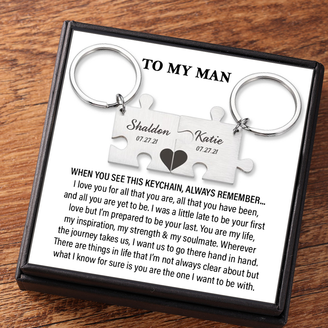 Puzzle Keychain Set Personalized 2 Names & Date Interlocking Keychain for Couple