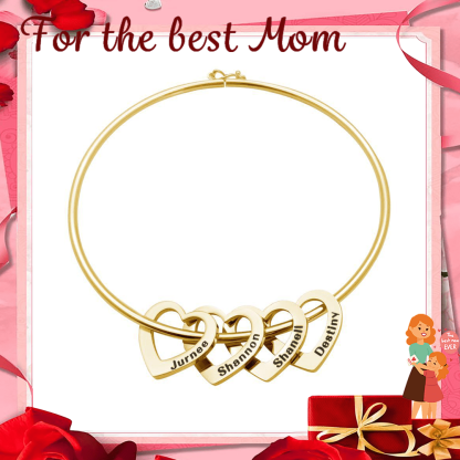 For Mom Family Bangle Bracelet with Heart Shape Pendants
