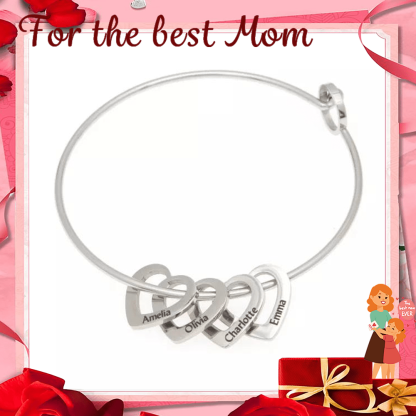 For Mom Family Bangle Bracelet with Heart Shape Pendants