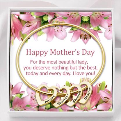 For Mom Family Bangle Bracelet with Heart Shape Pendants