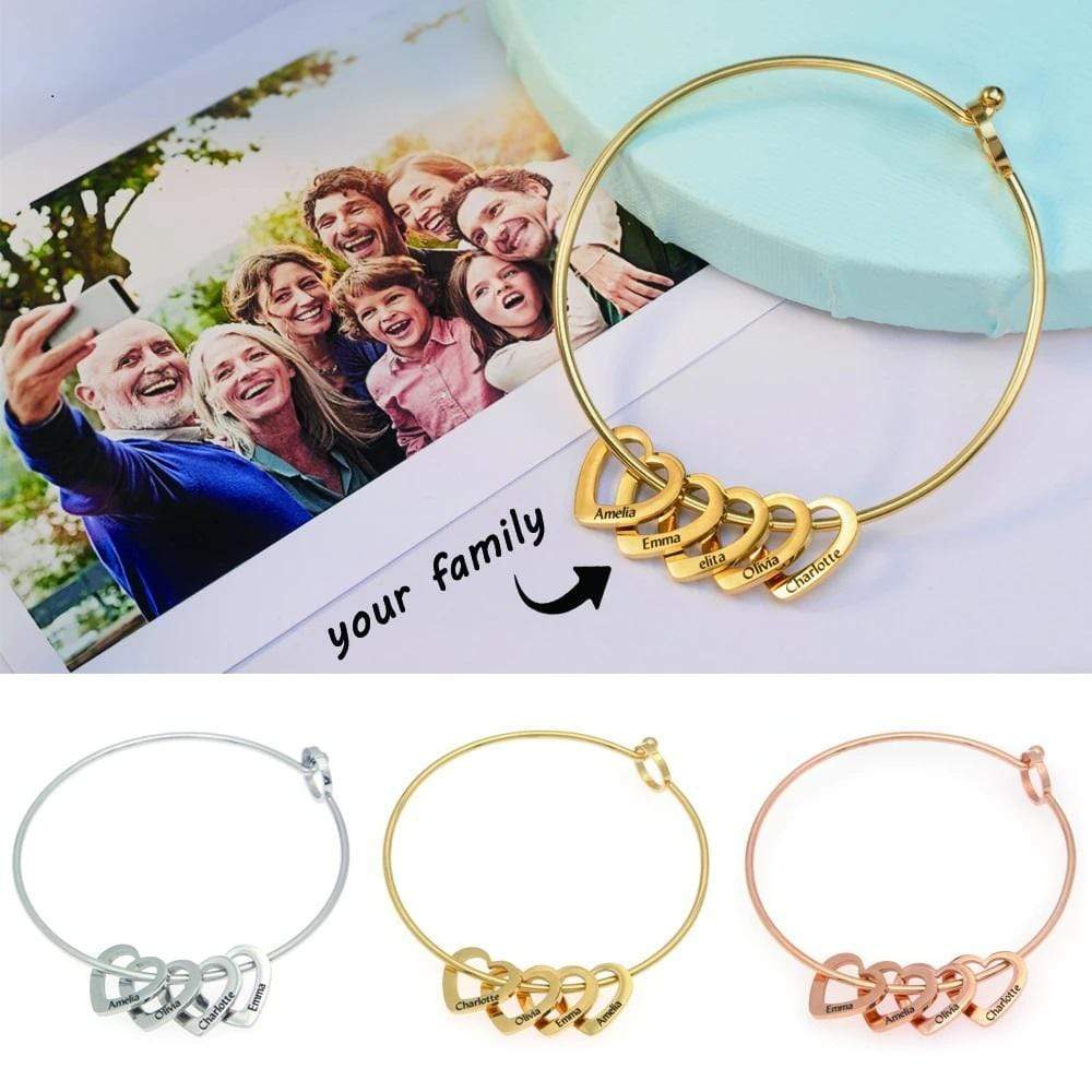 For Mom Family Bangle Bracelet with Heart Shape Pendants