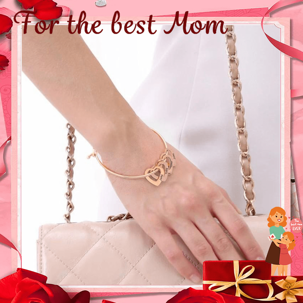 For Mom Family Bangle Bracelet with Heart Shape Pendants