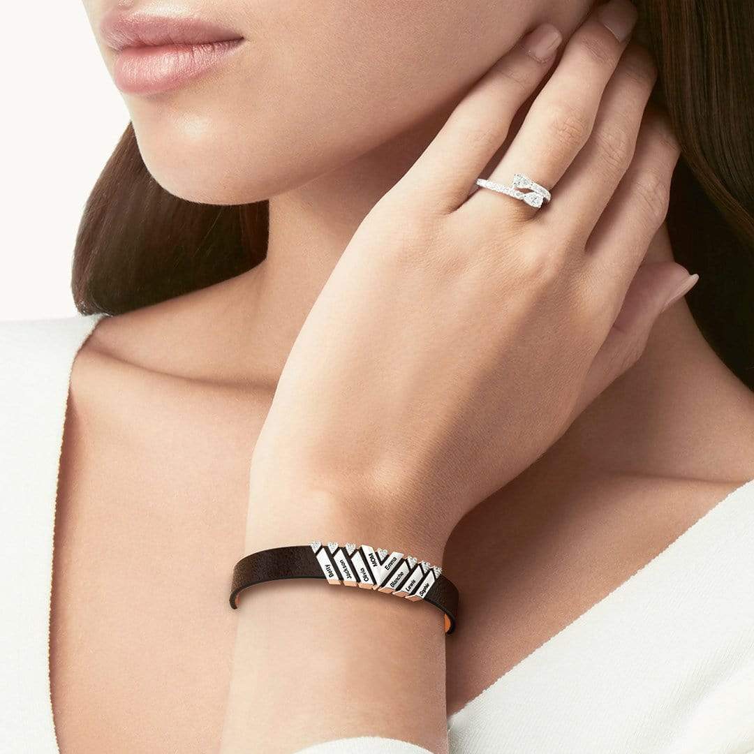 Mother's Gift Personalized Leather V Bracelet With Diamond Beads