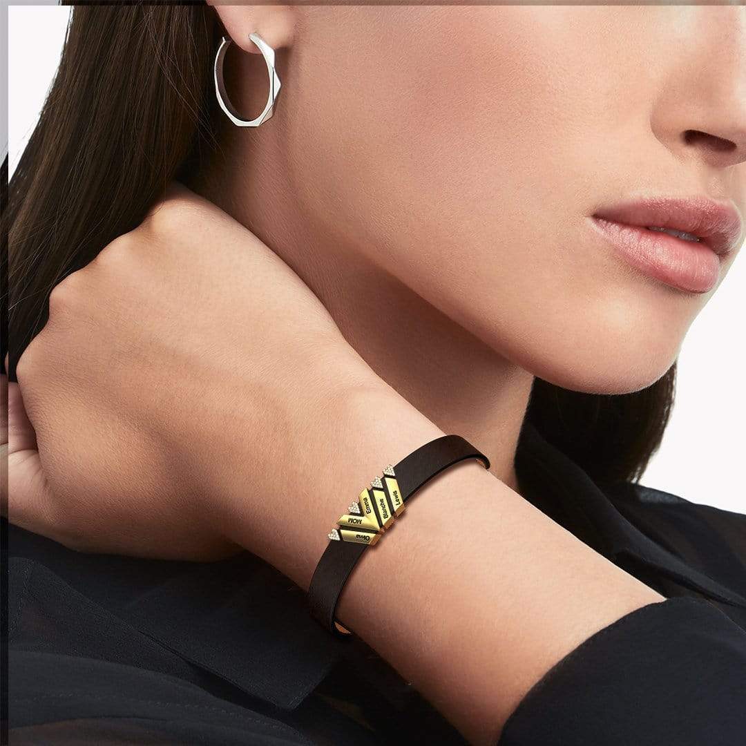 Mother's Gift Personalized Leather V Bracelet With Diamond Beads