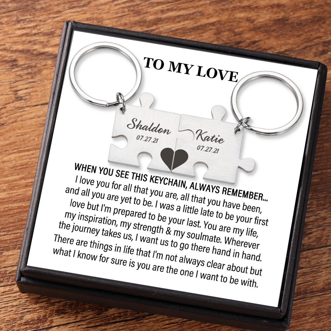 Puzzle Keychain Set Personalized 2 Names & Date Interlocking Keychain for Couple