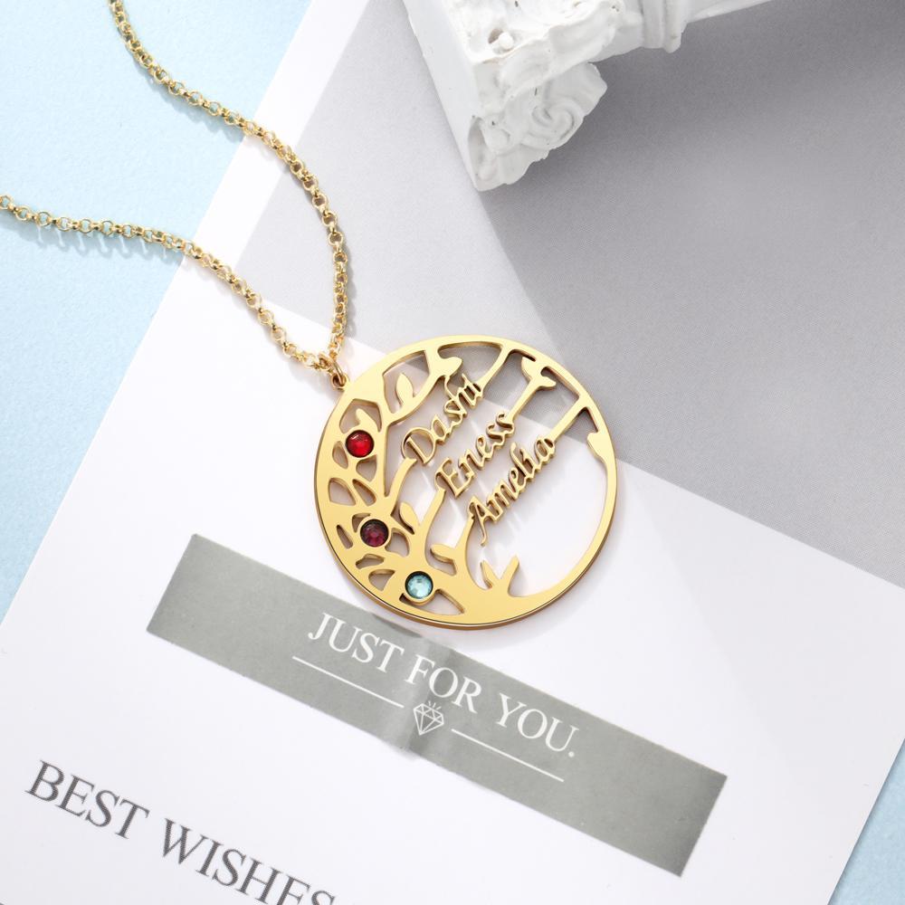 Family Tree Name Necklace with 3 Birthstones Custom 3 Names Personalized Tree Of Life Pendant
