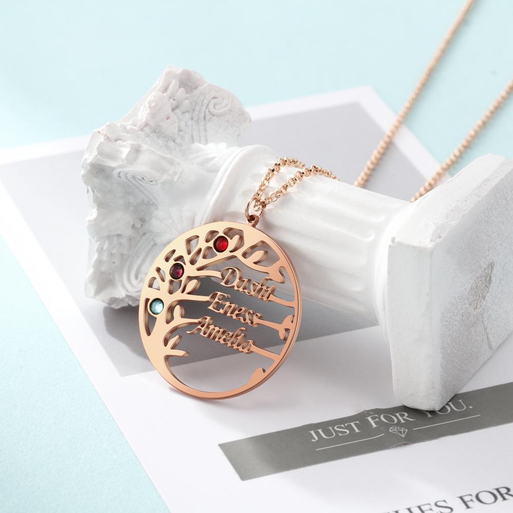 Family Tree Name Necklace with 3 Birthstones Custom 3 Names Personalized Tree Of Life Pendant