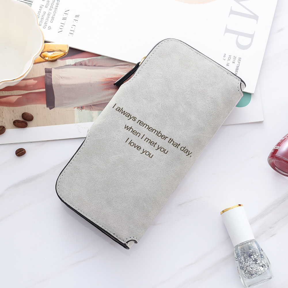 Long Style Photo Wallets Custom Inscription Photo Engraved Wallet Grey