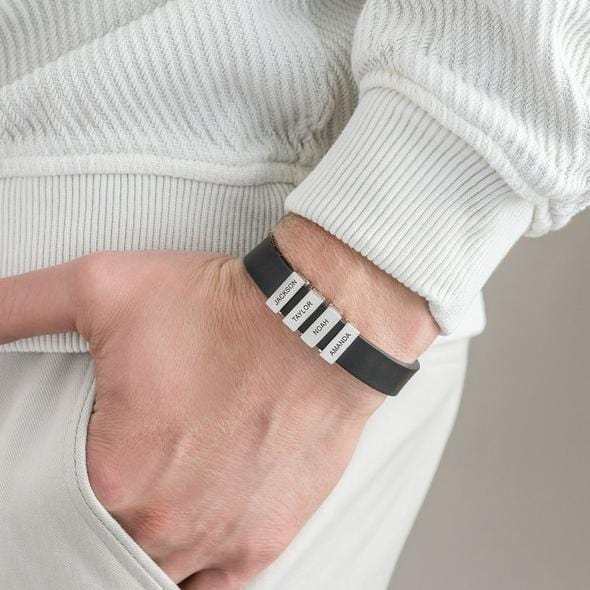 Christmas Gift Men's Leather Bracelet with Custom Silver Beads