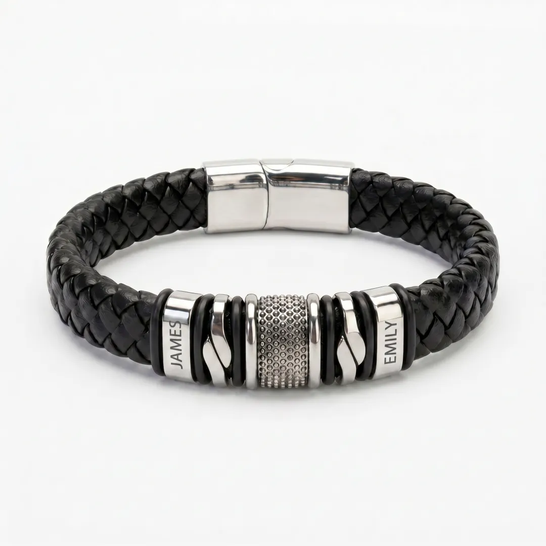 Personalized Family Name Magnetic Braided Leather Bracelet