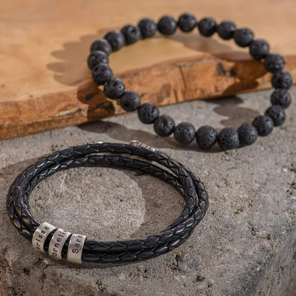 Braided Leather Bracelet with Custom Beads-Lobster Clasp