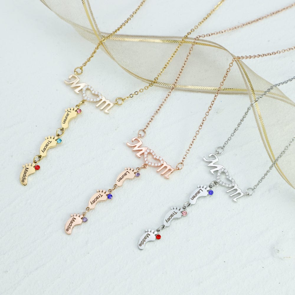 Mother's Day Gift Diamond Mom Necklace With Birthstone Baby Feet