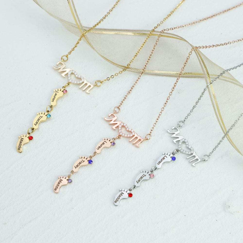 Mother's Day Gift Diamond Mom Necklace With Birthstone Baby Feet