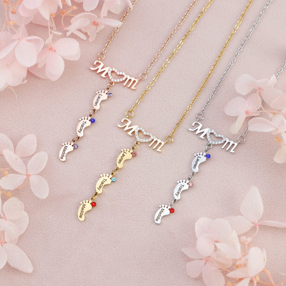 Mother's Day Gift Diamond Mom Necklace With Birthstone Baby Feet