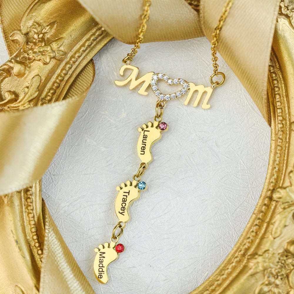 Mother's Day Gift Diamond Mom Necklace With Birthstone Baby Feet