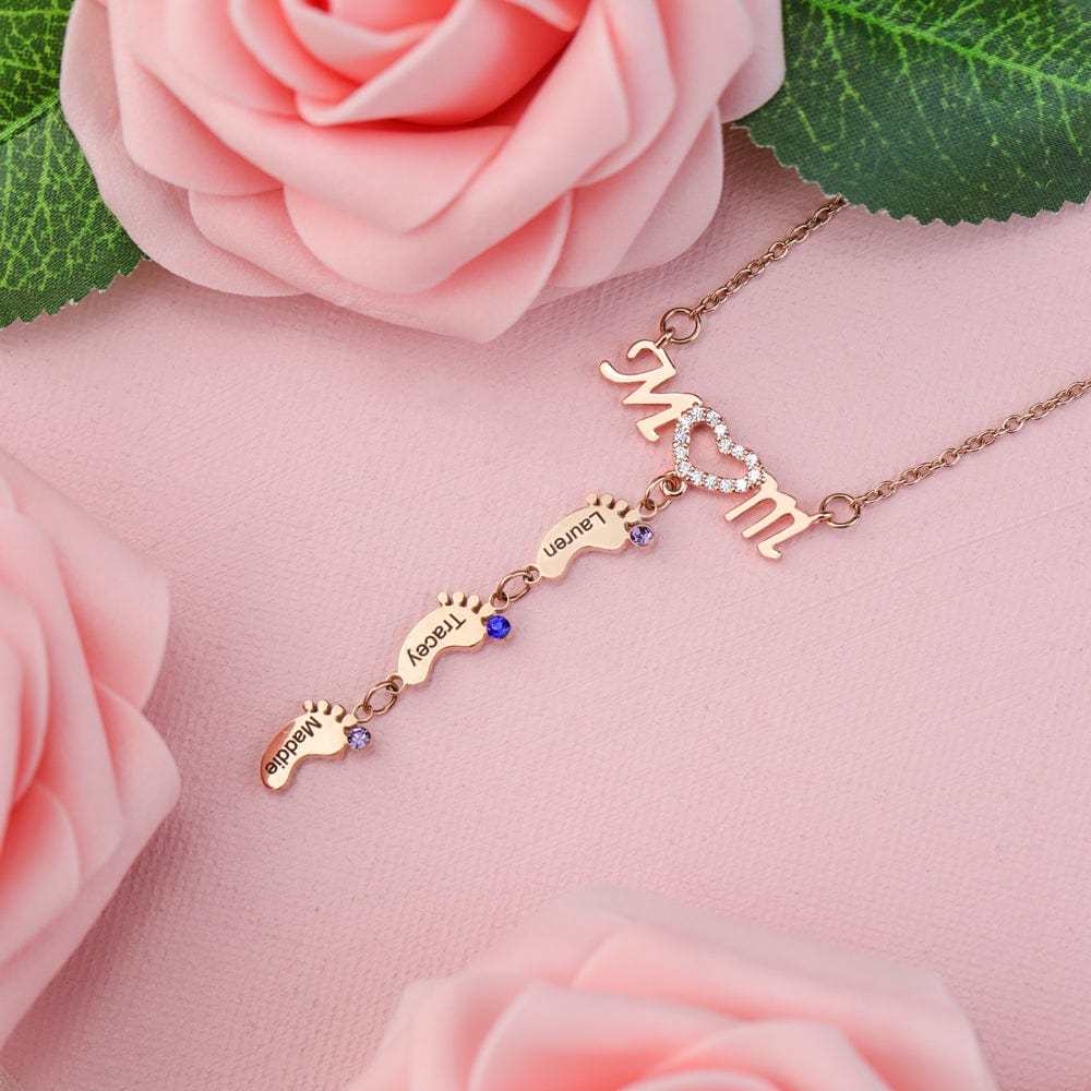 Mother's Day Gift Diamond Mom Necklace With Birthstone Baby Feet