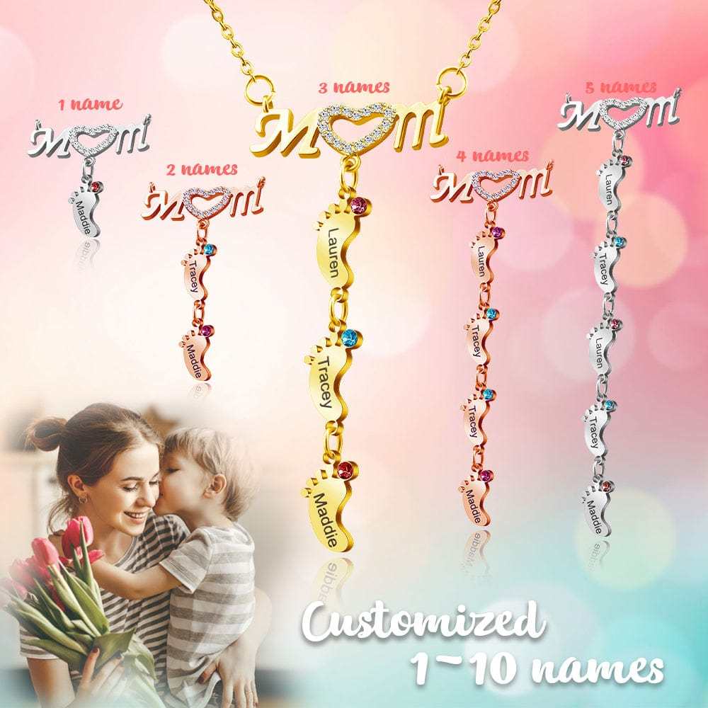 Mother's Day Gift Diamond Mom Necklace With Birthstone Baby Feet