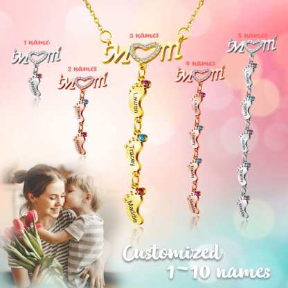 Mother's Day Gift Diamond Mom Necklace With Birthstone Baby Feet