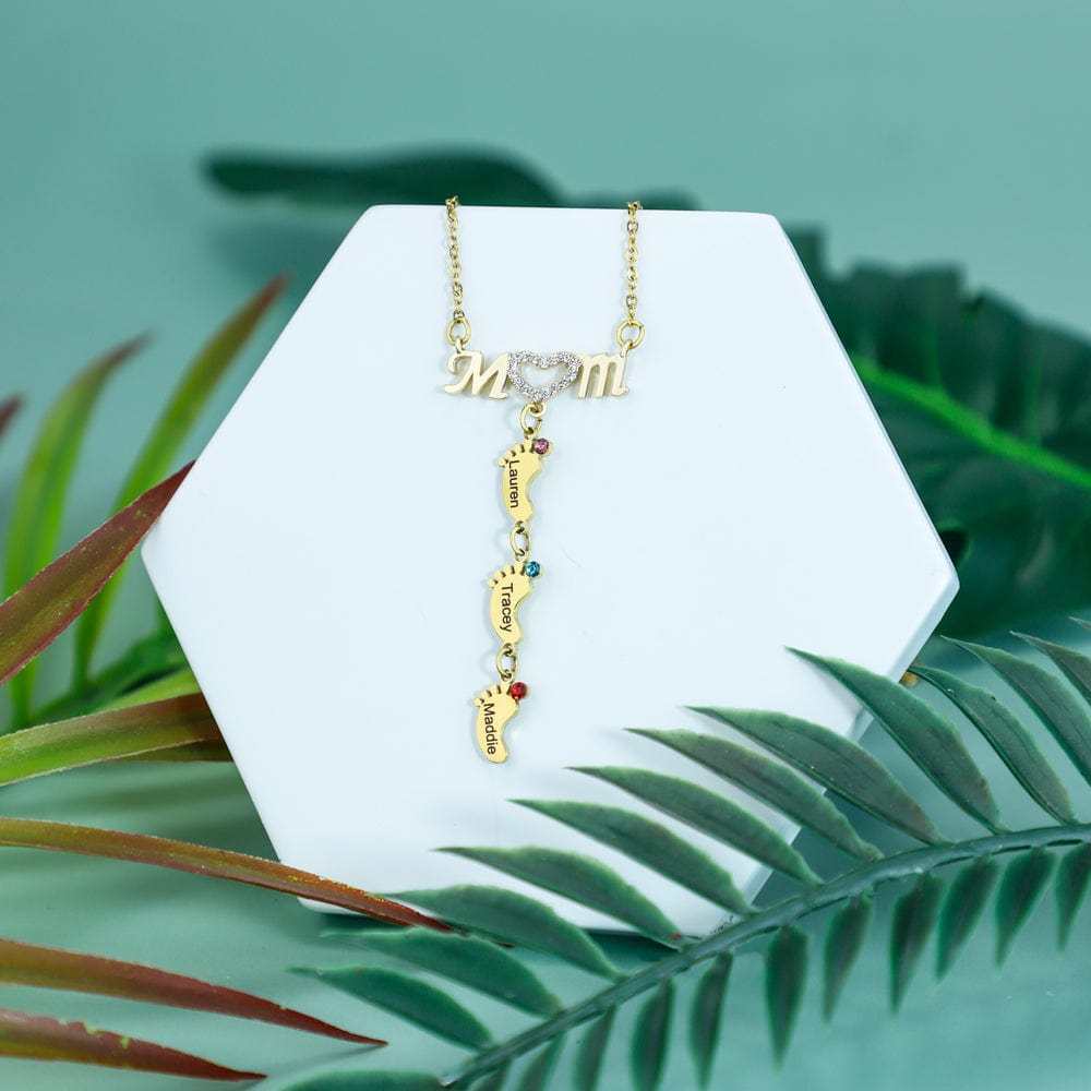 Mother's Day Gift Diamond Mom Necklace With Birthstone Baby Feet