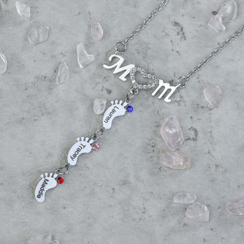 Mother's Day Gift Diamond Mom Necklace With Birthstone Baby Feet