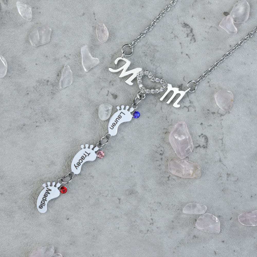 Mother's Day Gift Diamond Mom Necklace With Birthstone Baby Feet