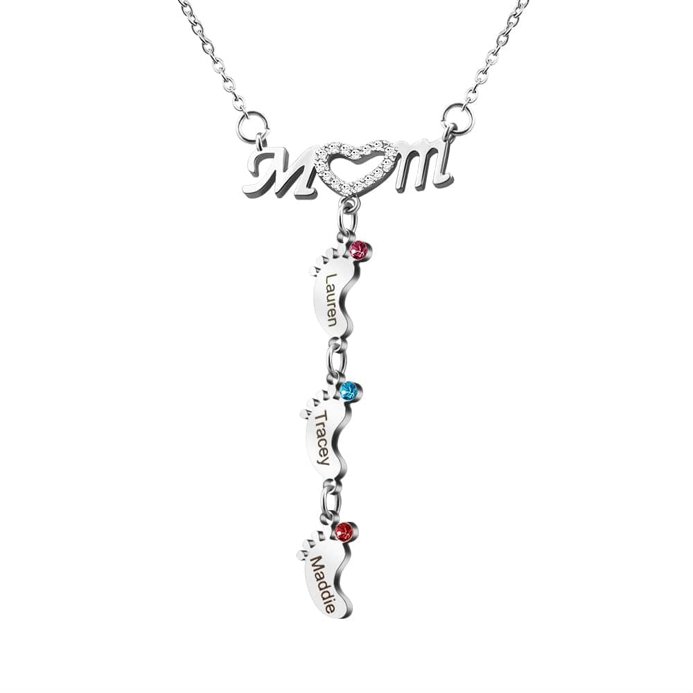 Mother's Day Gift Diamond Mom Necklace With Birthstone Baby Feet