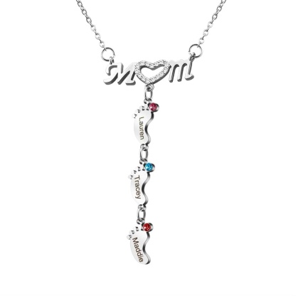 Mother's Day Gift Diamond Mom Necklace With Birthstone Baby Feet