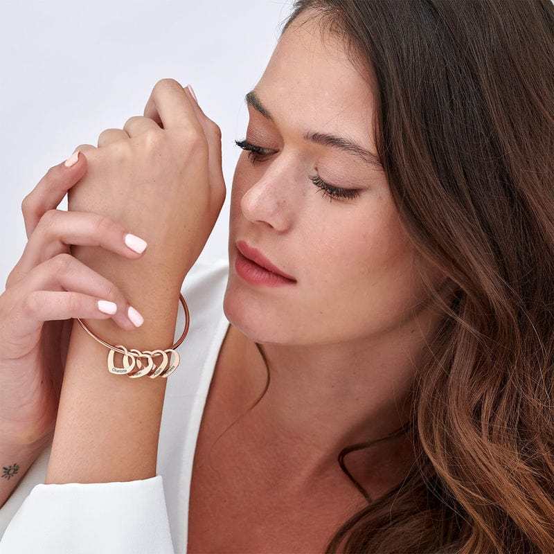 For Mom Family Bangle Bracelet with Heart Shape Pendants