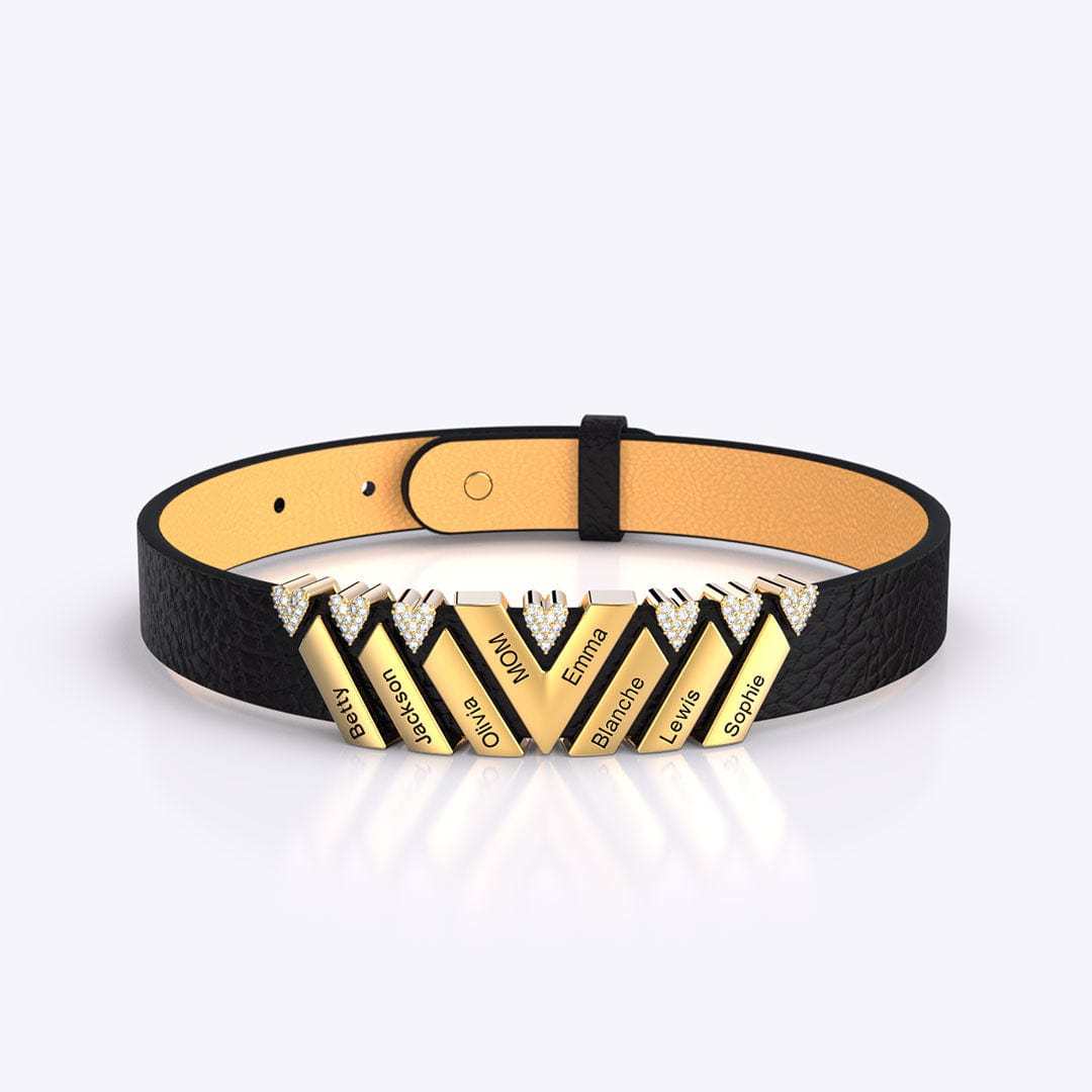Mother's Gift Personalized Leather V Bracelet With Diamond Beads