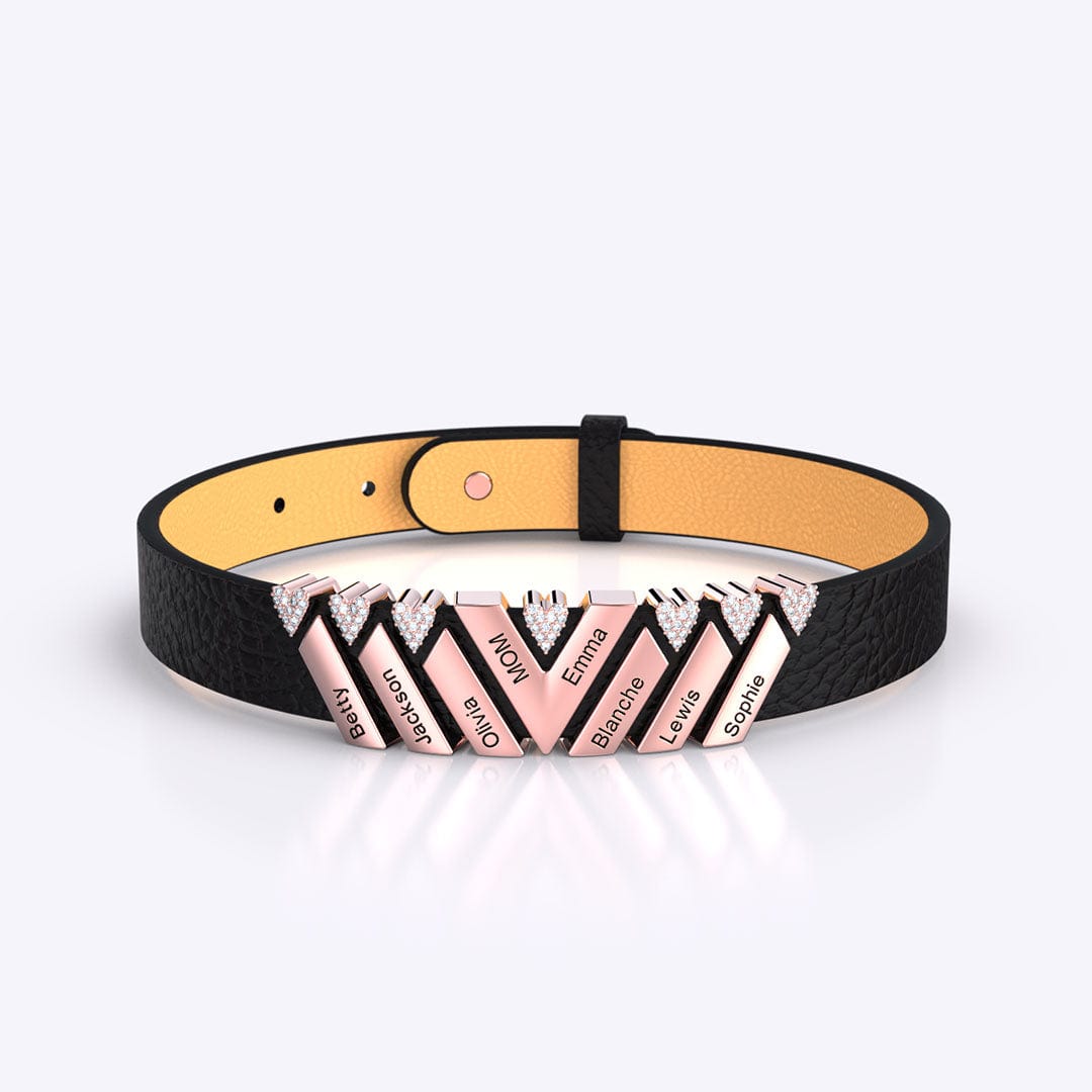 Mother's Gift Personalized Leather V Bracelet With Diamond Beads