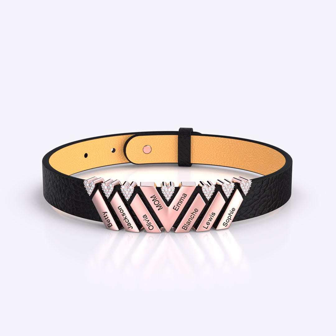 Mother's Gift Personalized Leather V Bracelet With Diamond Beads