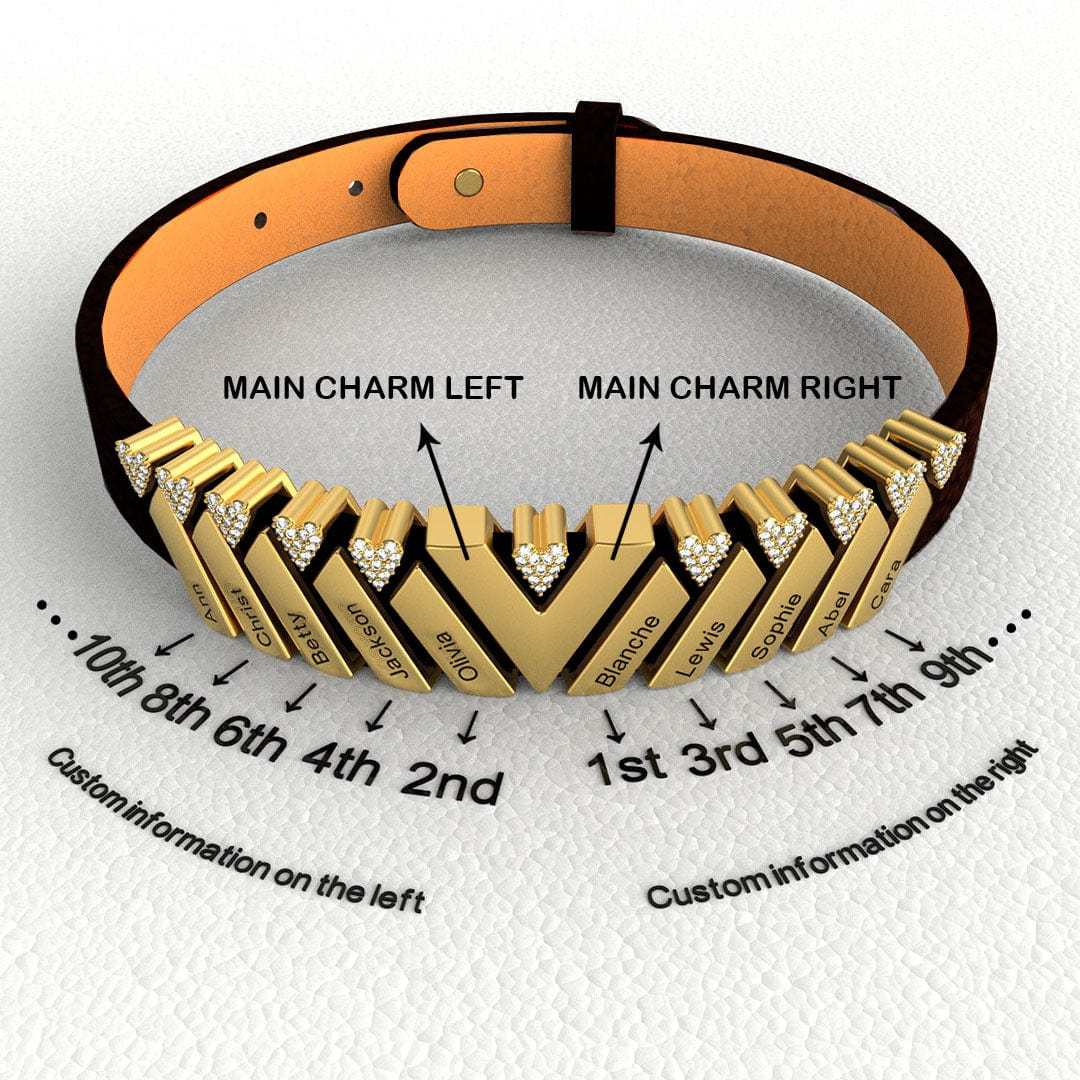 Mother's Gift Personalized Leather V Bracelet With Diamond Beads