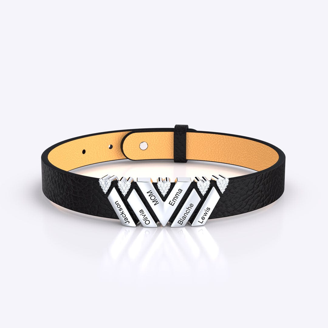Mother's Gift Personalized Leather V Bracelet With Diamond Beads