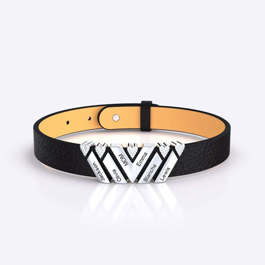 Mother's Gift Personalized Leather V Bracelet With Diamond Beads