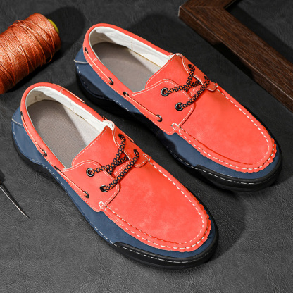 Men's Leather Loafers & Slip-Ons Moccasin Lace Up Loafers Retro Round Toe Leather Comfortable Driving Shoes Fashionable Color Blocked Non-Slip Walking Shoes