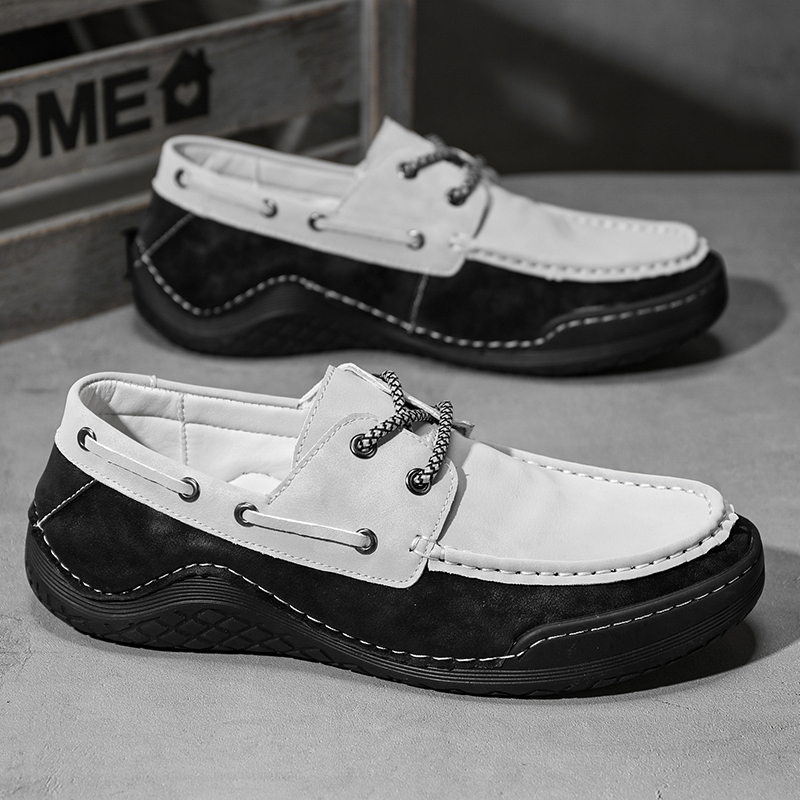 Men's Leather Loafers & Slip-Ons Moccasin Lace Up Loafers Retro Round Toe Leather Comfortable Driving Shoes Fashionable Color Blocked Non-Slip Walking Shoes