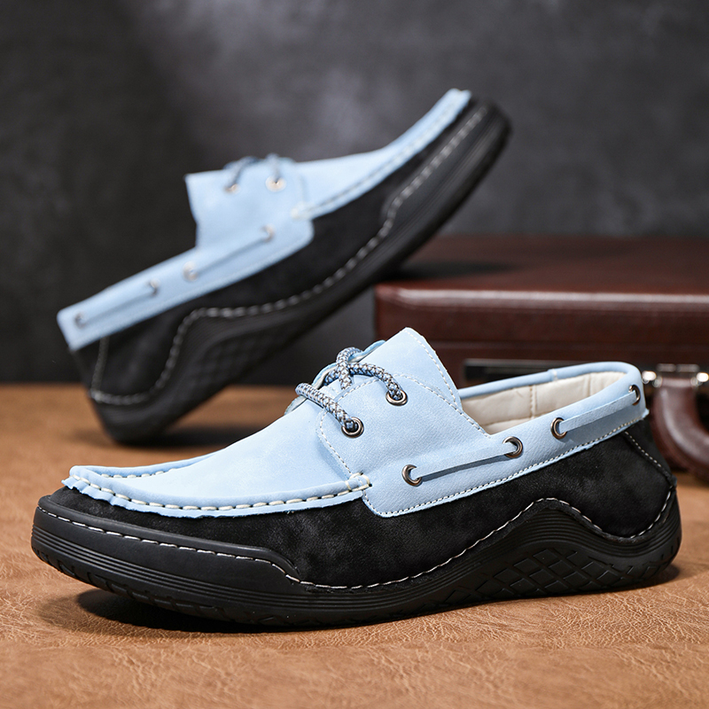 Men's Leather Loafers & Slip-Ons Moccasin Lace Up Loafers Retro Round Toe Leather Comfortable Driving Shoes Fashionable Color Blocked Non-Slip Walking Shoes