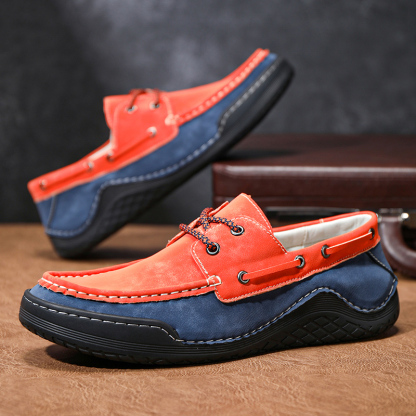 Men's Leather Loafers & Slip-Ons Moccasin Lace Up Loafers Retro Round Toe Leather Comfortable Driving Shoes Fashionable Color Blocked Non-Slip Walking Shoes