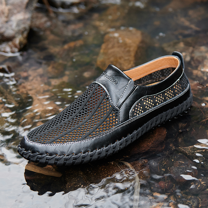 Men's Breathable Hollow Handmade Loafers Leather Breathable Mesh Fashion Slip Boat Shoes Business Formal Casual Walking Shoes