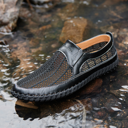 Men's Breathable Hollow Handmade Loafers Leather Breathable Mesh Fashion Slip Boat Shoes Business Formal Casual Walking Shoes