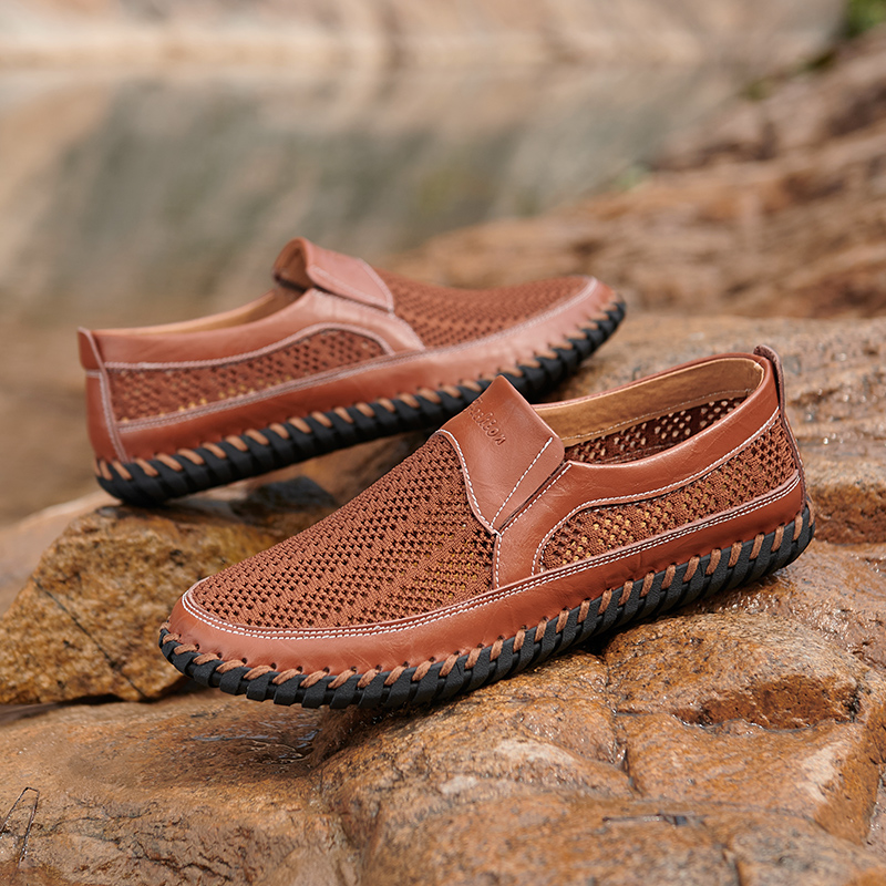 Men's Breathable Hollow Handmade Loafers Leather Breathable Mesh Fashion Slip Boat Shoes Business Formal Casual Walking Shoes